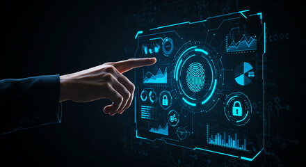 A hand interacting with a futuristic interface displaying a fingerprint and various data graphs and icons