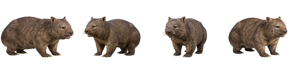 Wombats in a Row: a series of robust wombats showcasing their unique build, from various angles, highlighting the beauty of nature's design.