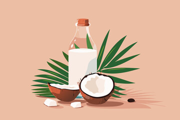 Vector illustration of coconut milk in a glass and bottle, split coconut, with palm leaves on a peach backdrop