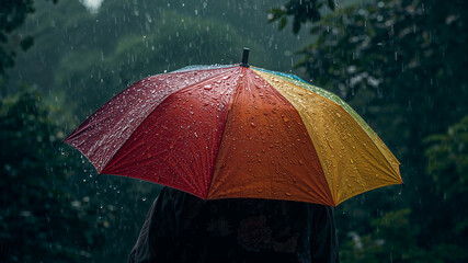 Person holding colorful rainbow umbrella in the rain