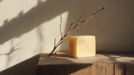 Handmade Natural Soap with Dried Branch in Warm Sunlight