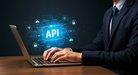Man typing on laptop with api interface and cloud icons overlayed in a dark business setting scene