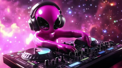 An alien DJ in headphones mixes tracks in a colorful cosmic setting filled with swirling galaxies and bright lights during a lively cosmic party