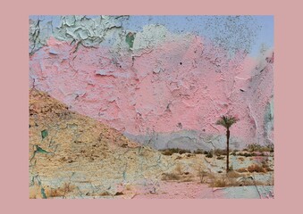 Cracked pink paint meets a desert landscape, blending abstract textures with a serene scene. An artistic landscape merging textures of cracked paint with a palm tree. Faded beauty of a nature.