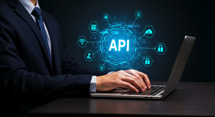 Man in suit typing on laptop with api interface and security icons overlayed on a dark background
