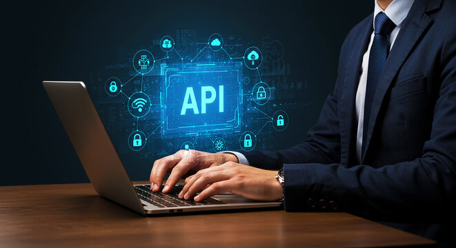 A man in a suit types on a laptop with an api graphic overlay and various security icons around it - Powered by Adobe