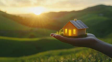 Hand Holding Tiny Solar-Powered House at Sunset in Nature