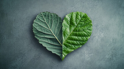 Heart-Shaped Green Leaves on Textured Grey Background