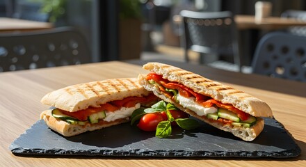 Grilled Panini Sandwich with Fresh Vegetables and Cheese on a Slate Board