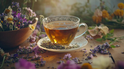 Herbal Tea with Fresh Lavender and Wildflowers on Wooden Table