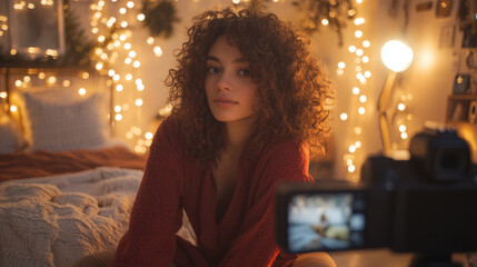 Cozy Influencer Filming Content in Warmly Lit Bedroom