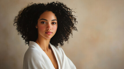 Elegant Woman with Curly Hair in a Soft, Serene Portrait