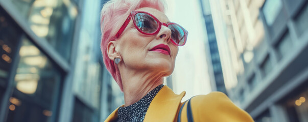Stylish Elderly Woman Embracing Bold Fashion in the City