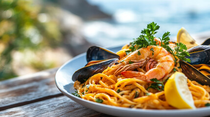 Fresh Seafood Pasta with Shrimp and Mussels by the Sea