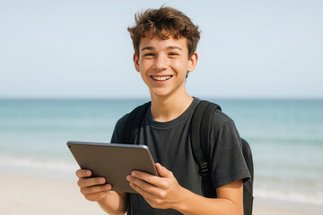 Happy teen boy enjoying tablet on beach with backpack on a sunny day. education and travel lifestyle