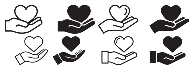 Helping Hands Holding Hearts Charity Icons Set Graphic Design Elements for Websites and Applications