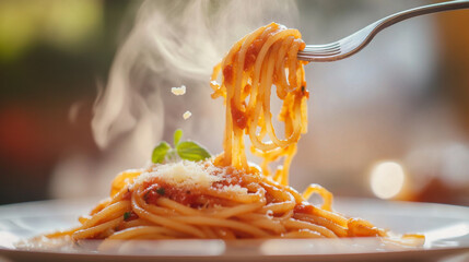 Steaming Forkful of Spaghetti with Tomato Sauce