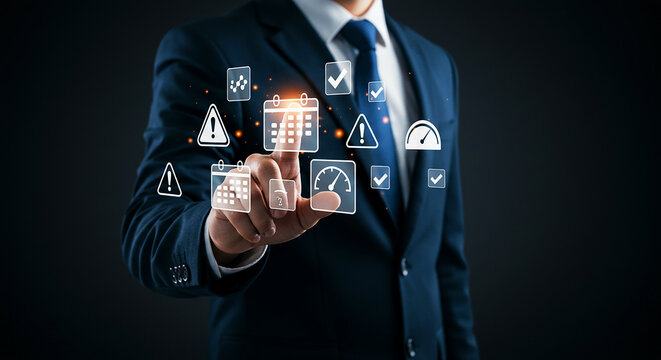 Businessman in suit interacting with digital interface icons on a dark background in a studio shot