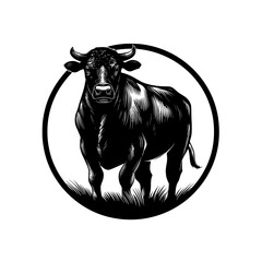 Fototapeta na wymiar The logo for Black Angus Cattle is a modern illustration of a great bull, shown standing, in the form of a silhouette, set in a farm scene