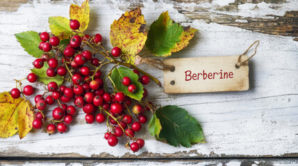 Fresh Berberine Berries with Autumn Leaves on Rustic Background
