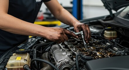 Obraz premium Mechanic working on a car engine in a workshop, showcasing detailed repairs and tools in use