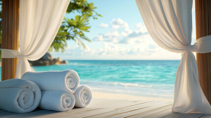 Luxury Beach Spa Setup with Rolled Towels and Ocean View