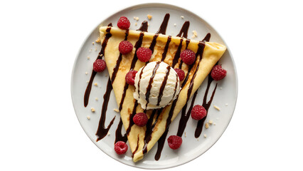 Delicious crepe dessert topped with vanilla ice cream, fresh raspberries, and rich chocolate sauce a tempting sweet treat