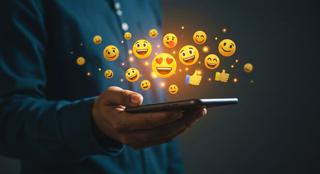 Person holding a smartphone with many emoji icons floating above the phone screen in the dark room - Powered by Adobe