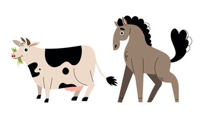 A Cute Cartoon Cow and Horse Together on a Beautiful Farm, Engaging in Playful Activities