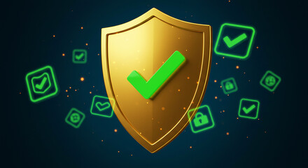 A golden shield with a green checkmark in front of a dark blue background with checkmark icons