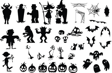Halloween Silhouettes Collection Black Spooky Characters Pumpkins Bats