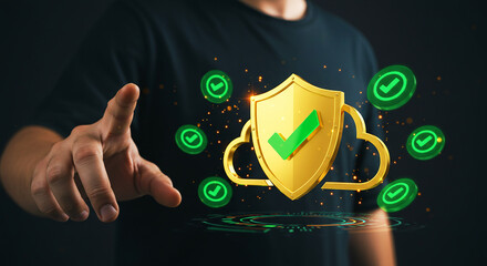 A person pointing at a golden shield with a green checkmark and cloud with checkmark icons around it