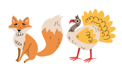 An engaging and playful illustration featuring a charming fox and a colorful turkey