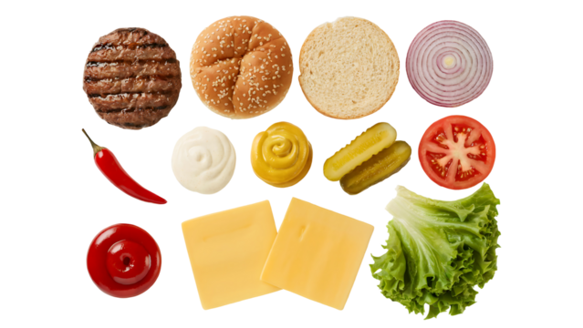 Delicious Burger Ingredients Overhead Shot featuring Patty Bun Lettuce Tomato Cheese Pickles Onion and Condiments