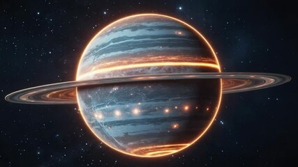 Rotating ringed gas giant revealing glowing molten bands in outer space, with dusty rings - Powered by Adobe