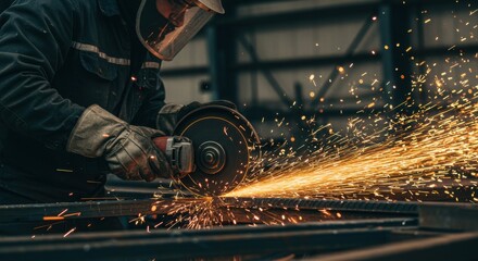 Worker using a grinder to cut metal in a workshop, sparks flying, with industrial background