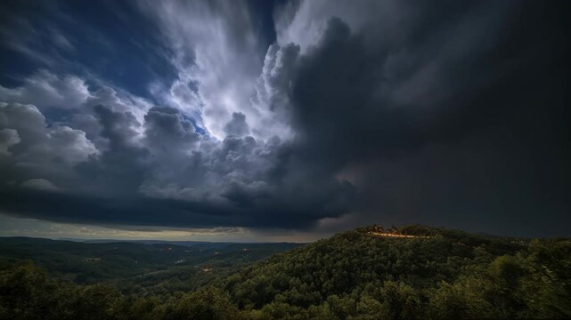 lightning strikes on forest hill motion, lightning flashing motion, Dark storm clouds blasting across the sky with lightning flashing in the distance over a forested hill 