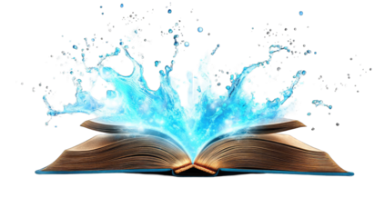 Open book, glowing blue water, bursts of light