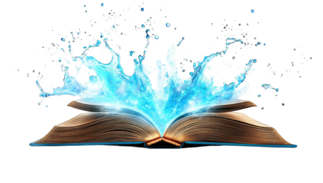 Open book, glowing blue water, bursts of light
