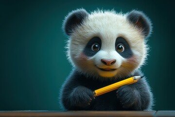Cute panda bear holding a yellow pencil in a studio setting during daytime