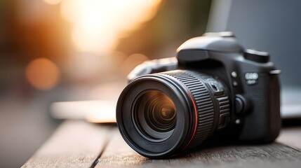 Close-up of a professional camera on a wooden table during sunset, showcasing photography gear