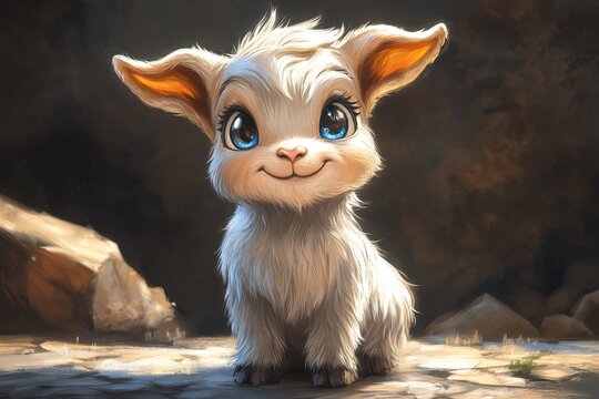 Cute cartoon goat character with big eyes and fluffy fur sitting on rocky ground
