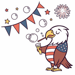 Vector illustration of a Funny Eagle with blowing bubbles, styled in a 4th of July theme using Patriotic Spark colors