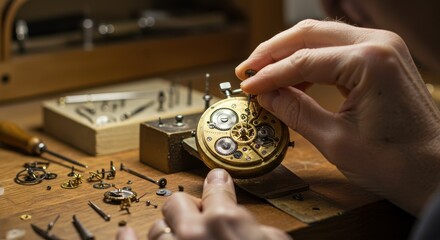 Skilled watchmaker meticulously repairing a vintage pocket watch amidst tools and intricate gears