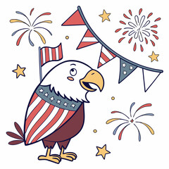 Vector illustration of a Surprised Eagle with hugging a pillow, styled in a 4th of July theme using Patriotic Spark colors