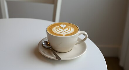 Latte Art Coffee Cup on White Table, Close Up - (Generative AI)