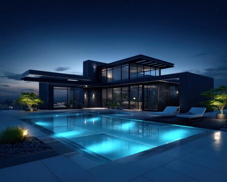 Modern rooftop home with pool at twilight