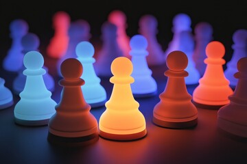 Glowing pawn models in clusters, segmentation strategy visual, dark setting