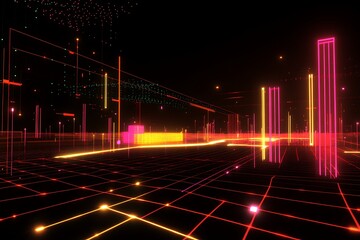 Digital city grid with glowing neon lights, abstract virtual reality landscape background, futuristic design