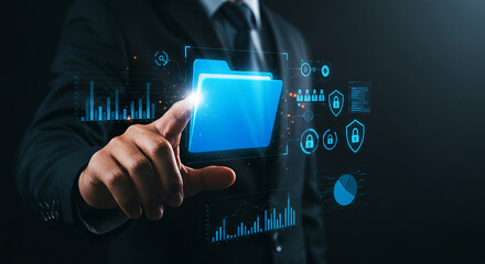 Man in suit touching a blue folder icon surrounded by digital security and data analysis graphics